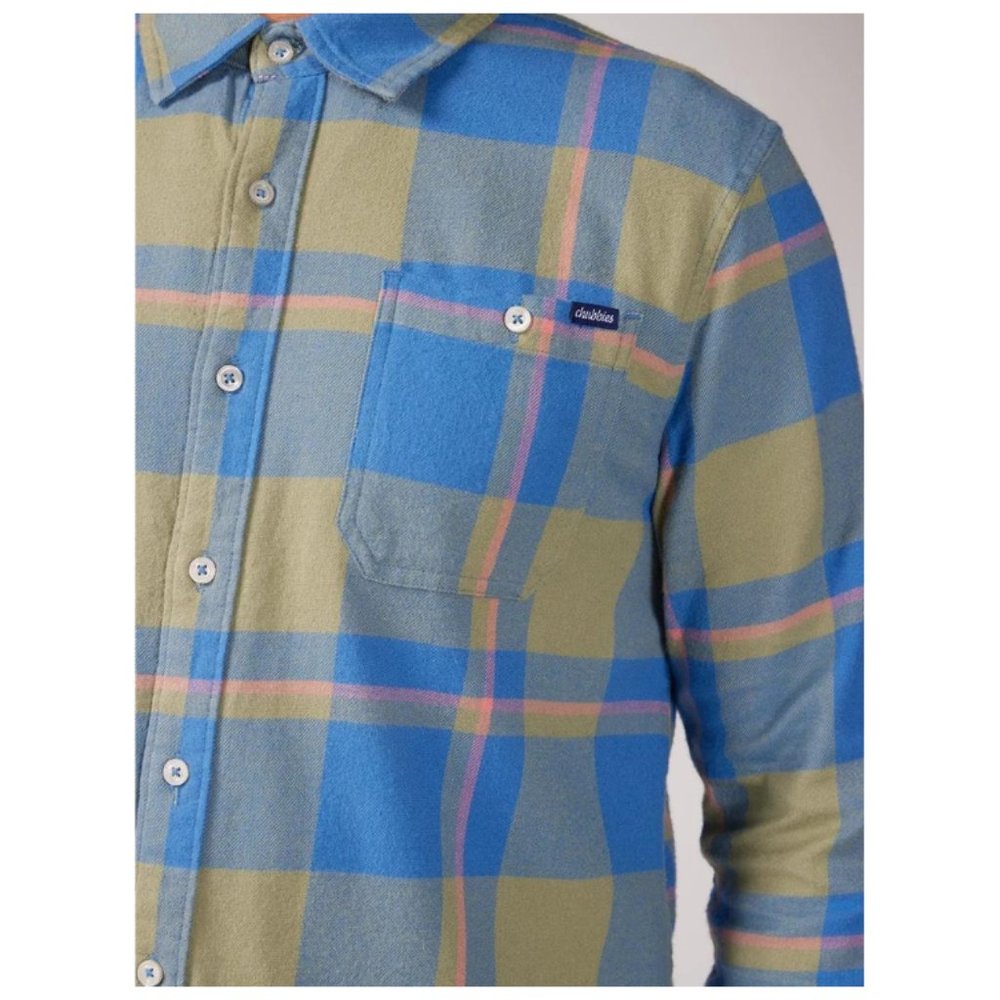 Chubbies NWT Men's Blue & Olive Brown Plaid BE GLAD WEAR Shirt, Size Large - Picture 3 of 8